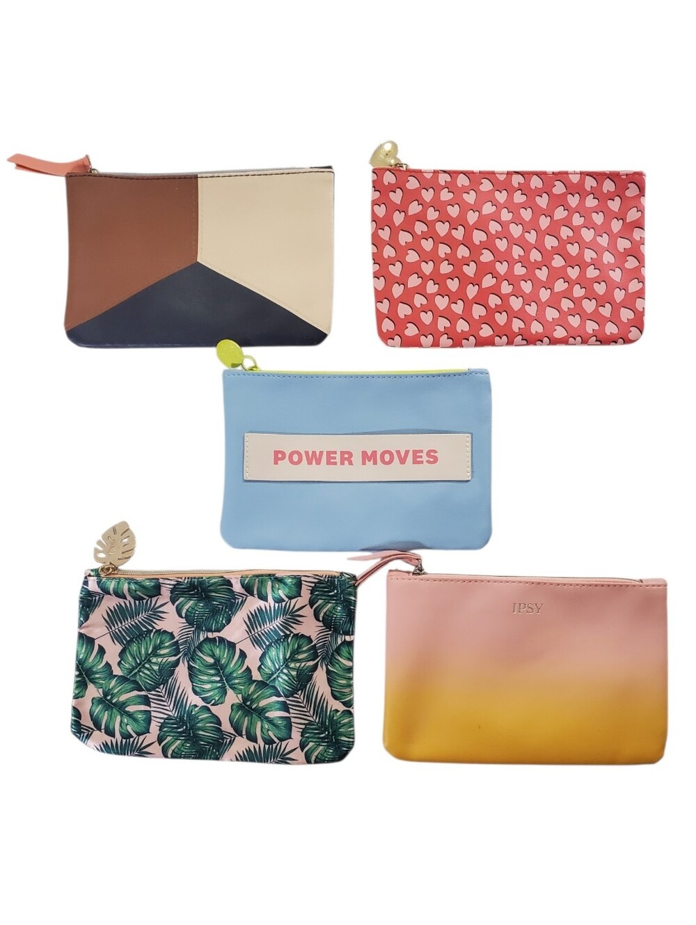 IPSY Bags Set of 5 Assorted Cosmetic Bags Colorblock Heart Power Moves Leaf